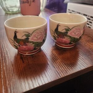 Vintage 1960's Kutani Japanese Peacock Floral Porcelain Tea Cup Set (2)